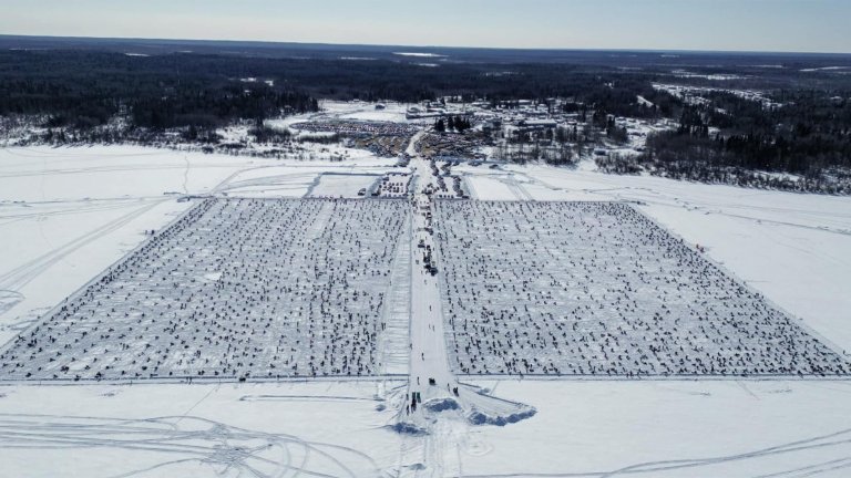 An aerial view of an ice-fishing derby in Saskatchewan.