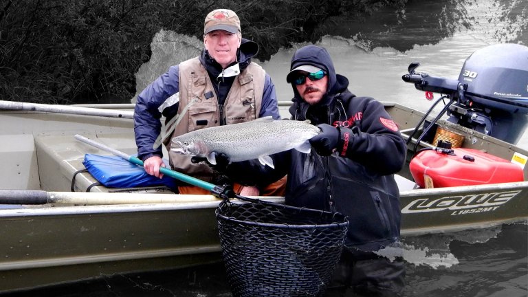 A fishing guide holds up a stud rainbow in front of a client.