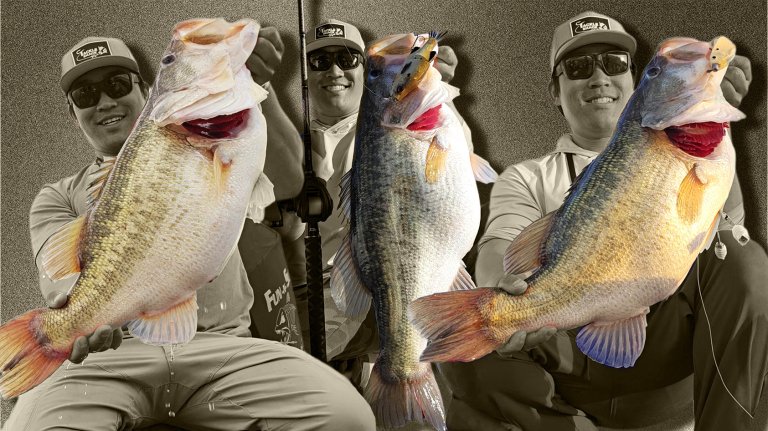 A composite photo of an angler with three trophy bass.