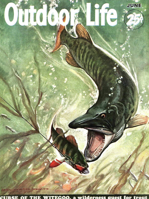 An old outdoor life cover with a pike on it.