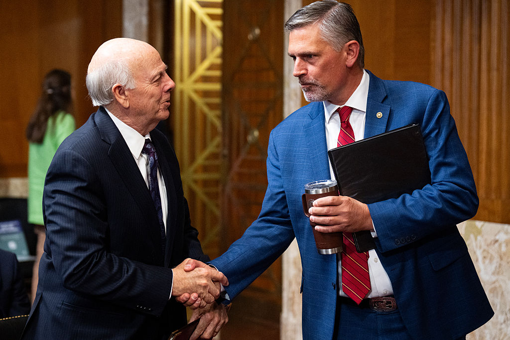 Director of the Bureau of Land Management nominee Stevan Pearce, left, speaks with ranking member Sen. Martin Heinrich, D-N.M., before the start of his confirmation hearing in the Senate Energy & Natural Resources Committee on Wednesday, February 25, 2026.