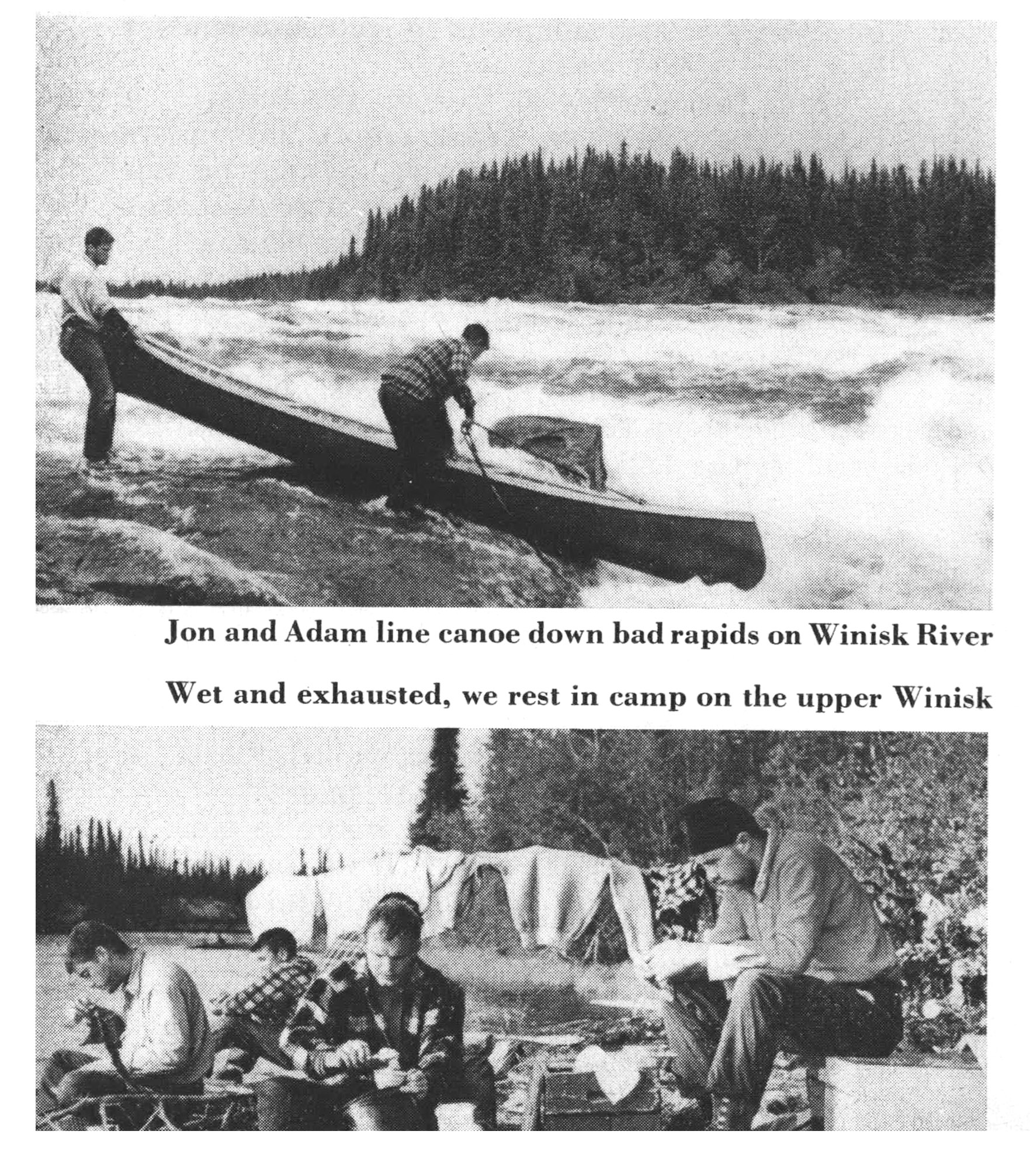 Two black and white photographs of paddlers and their camp.