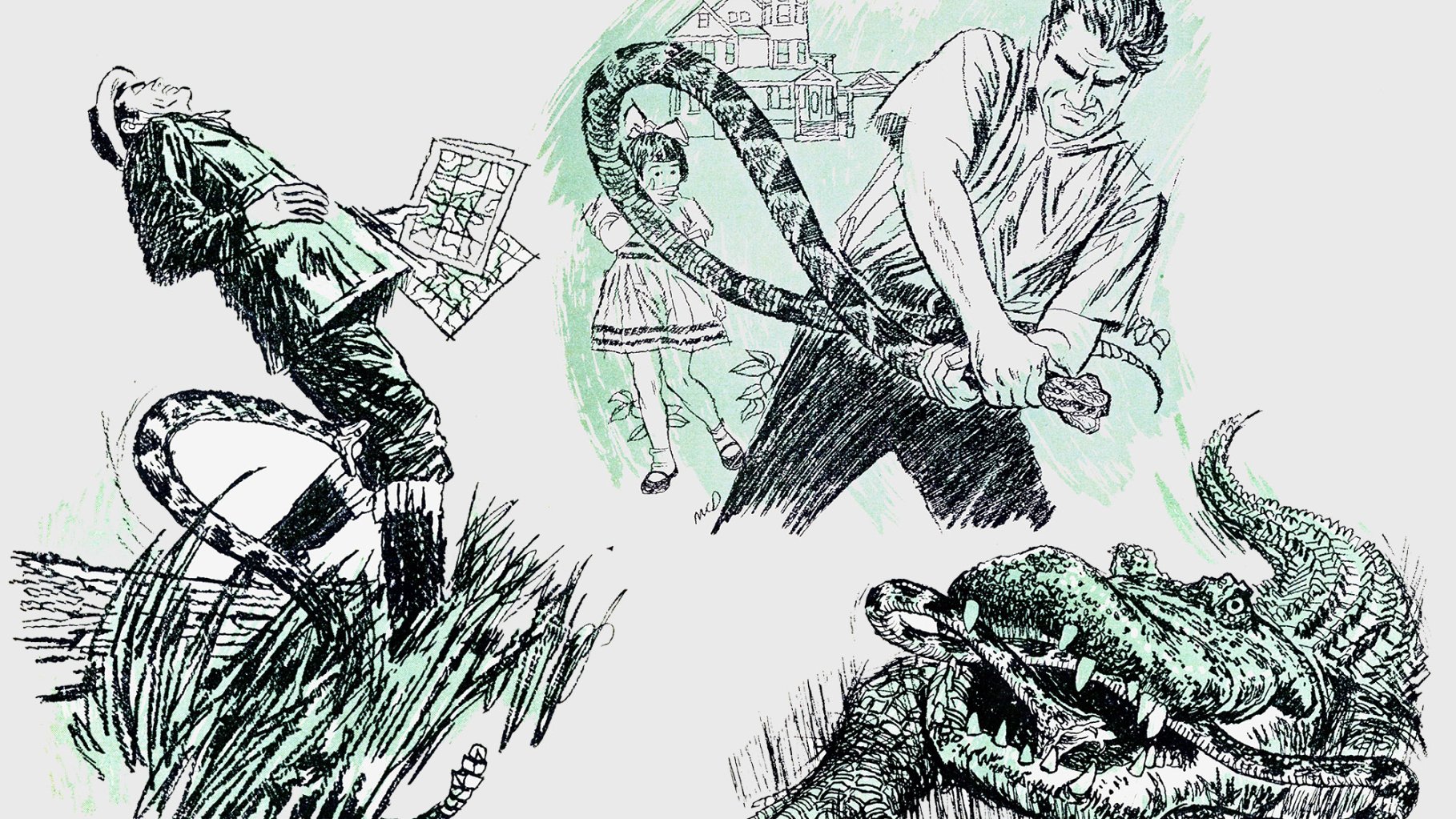 A collection of sketches of men and rattlesnakes.