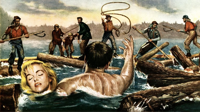 An illustration of loggers throwing a rope to rescue swimmers.