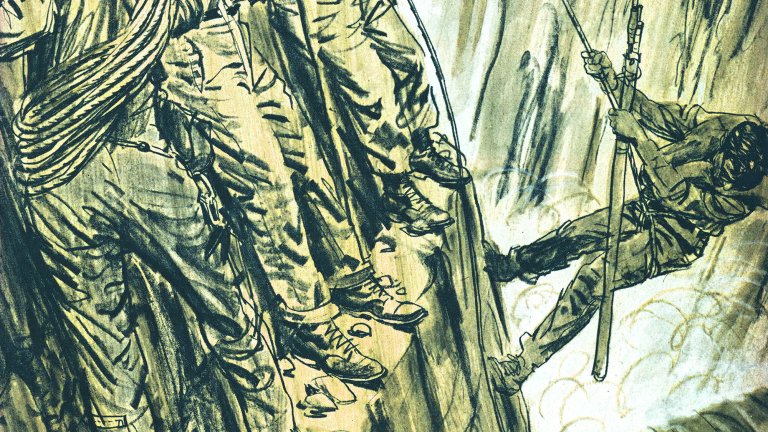 A green yellow illustration of a man descending a cliff.