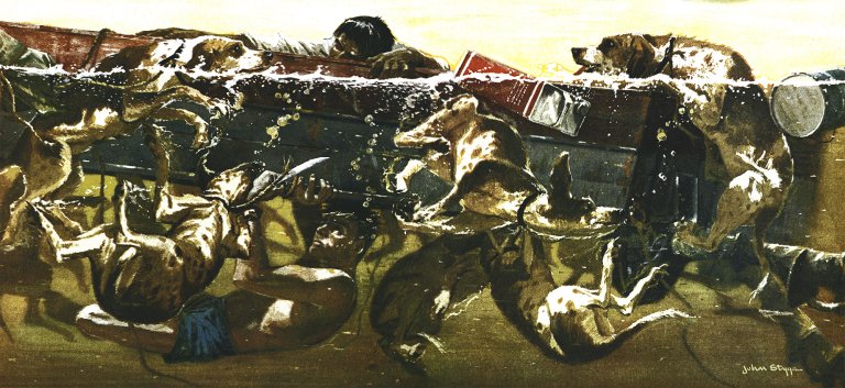 An illustration of two men trying to cut trapped dogs loose from a canoe.