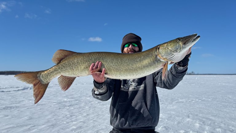 An ice fisherman with a 49-inch muskie caught through the ice in Vermont.