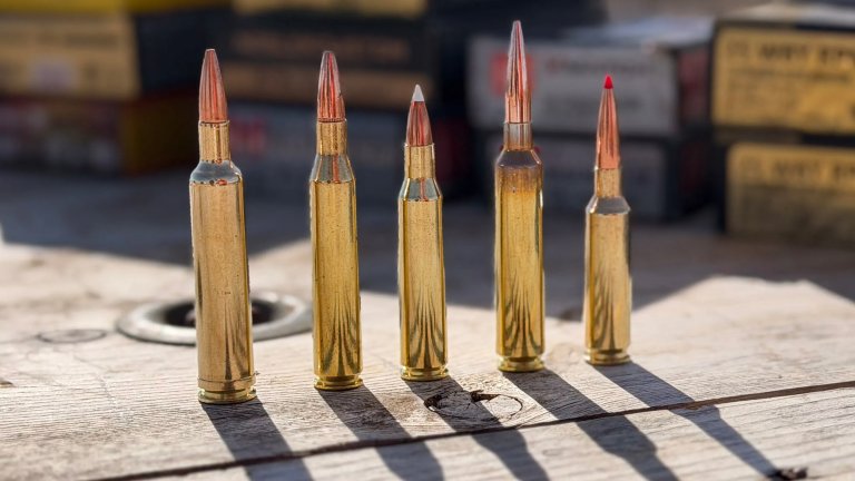 five rifle cartridges lined up on a table in 25 cal