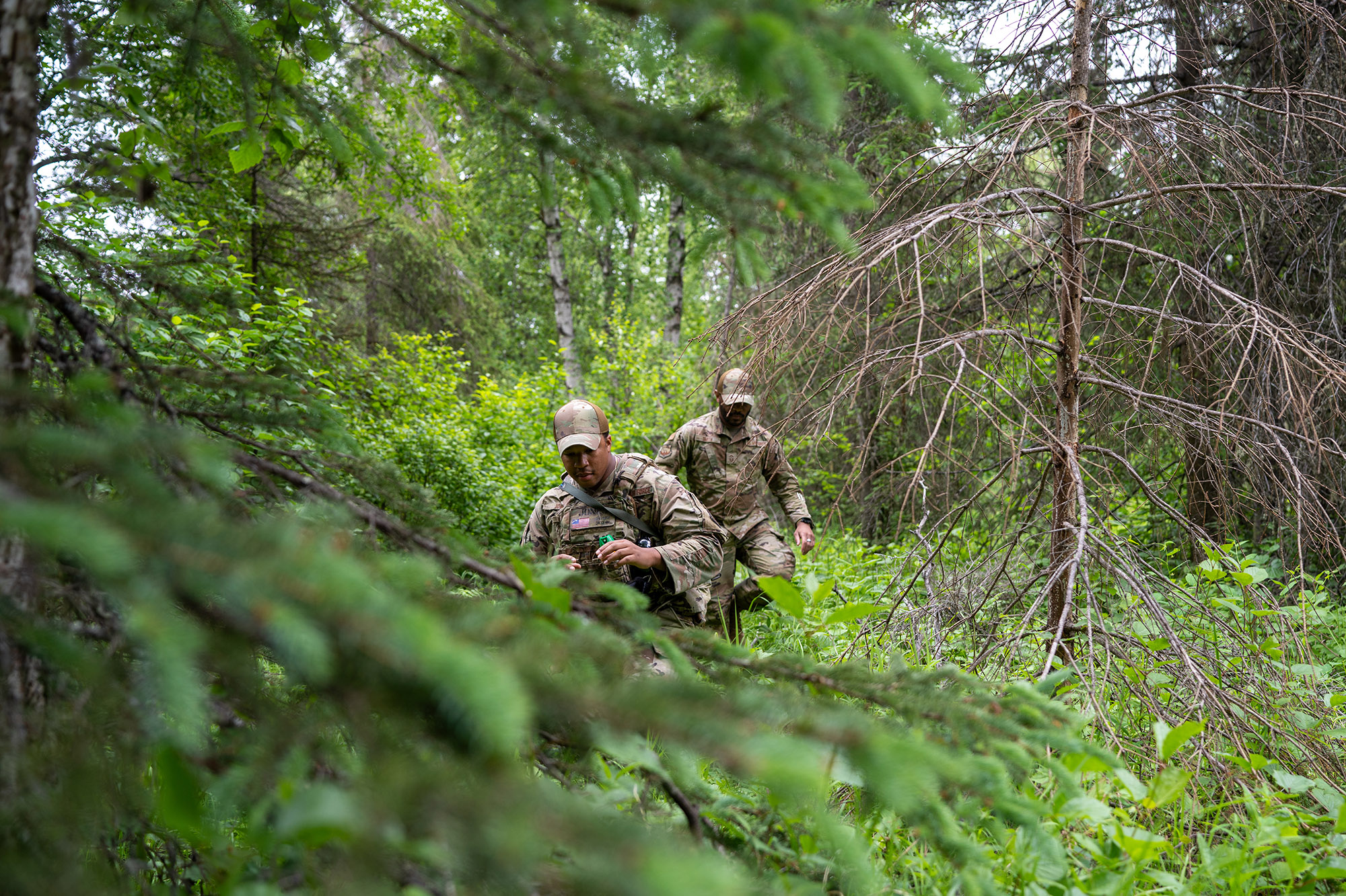 Airmen from the 155th Security Forces Squadron conduct land navigation training during a Deployment for Training exercise at Joint Base Elmendorf-Richardson, Alaska, June 22, 2025. The course tested Airmen’s ability to navigate unfamiliar terrain using minimal resources—reinforcing foundational field skills and enhancing unit readiness in a realistic deployment environment. (U.S. Air National Guard photo by Senior Airman Jeremiah Johnson)