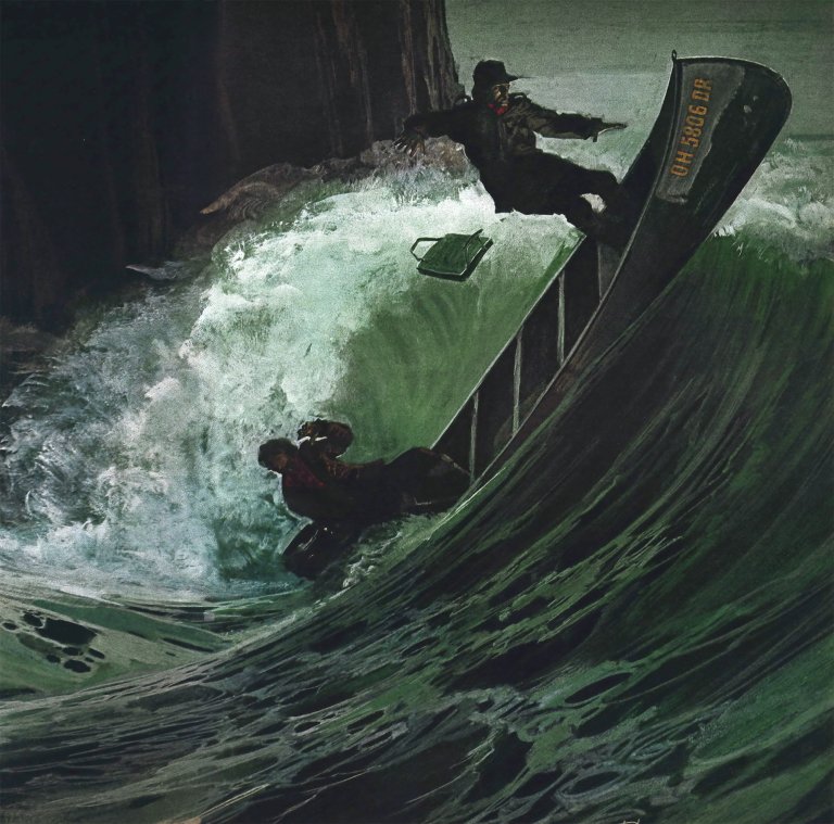 An illustration of a canoe capsizing in a giant wave.