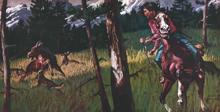 An illustration of a woman riding a horse by a moose getting attacked by wolves