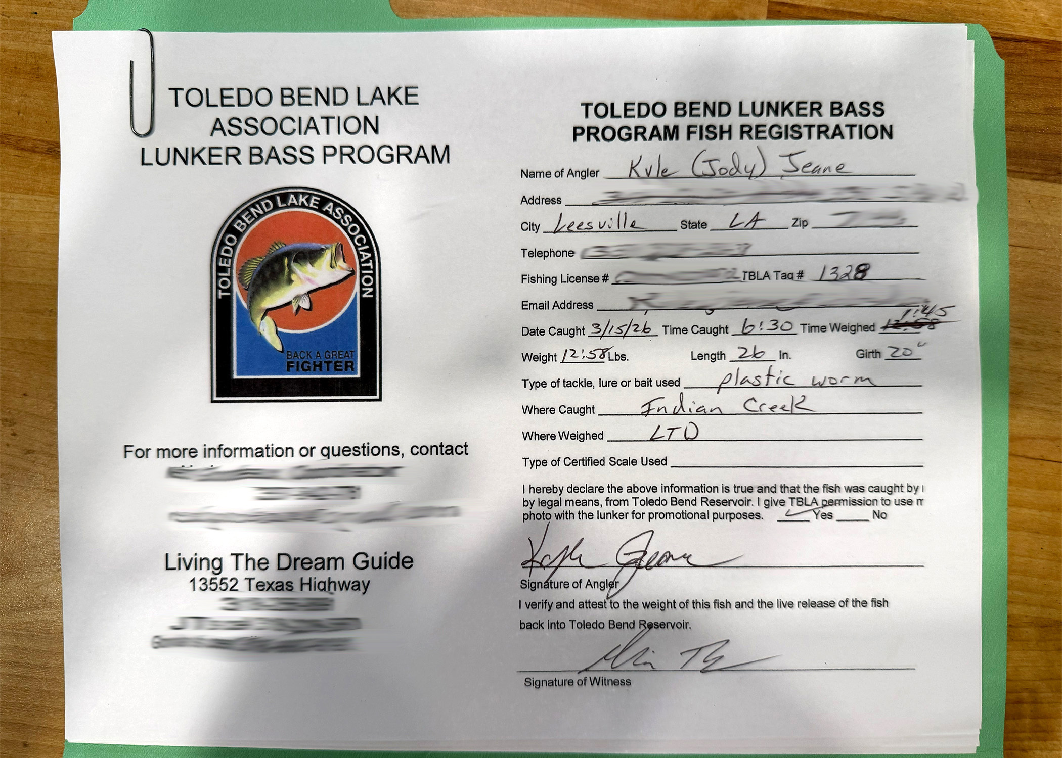 A form submitted to a lunker bass program in Louisiana.