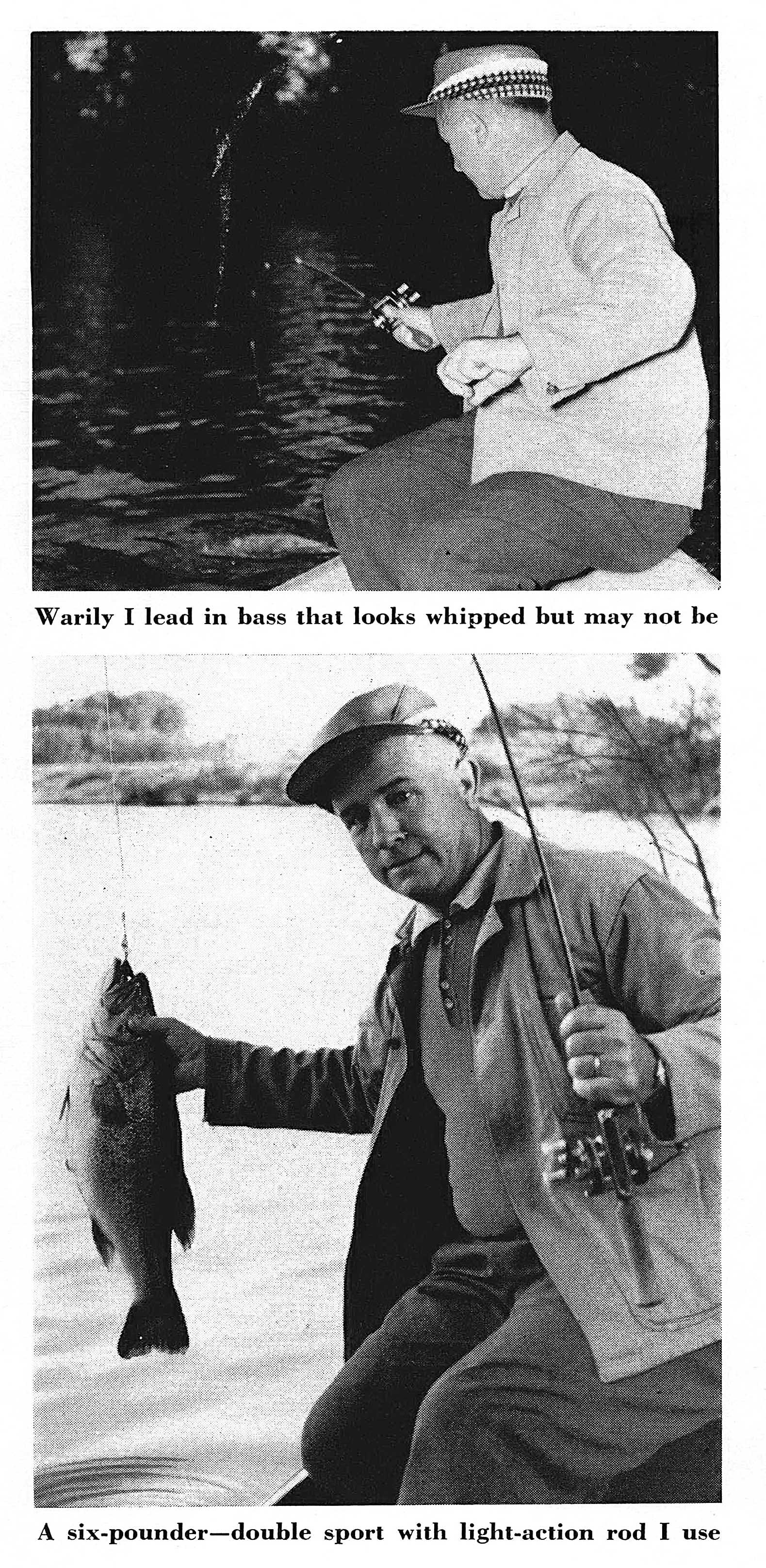 Two black and white photos of man with bass