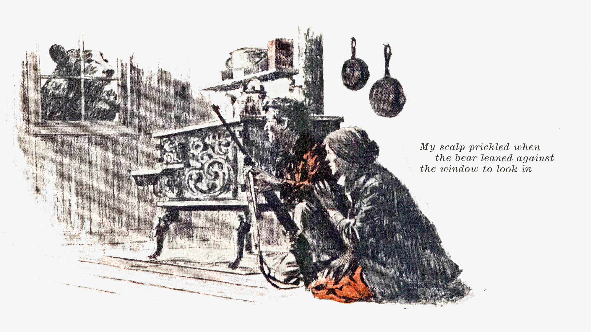 An illustration of a couple crouching in a cabin with a bear a tthe window.