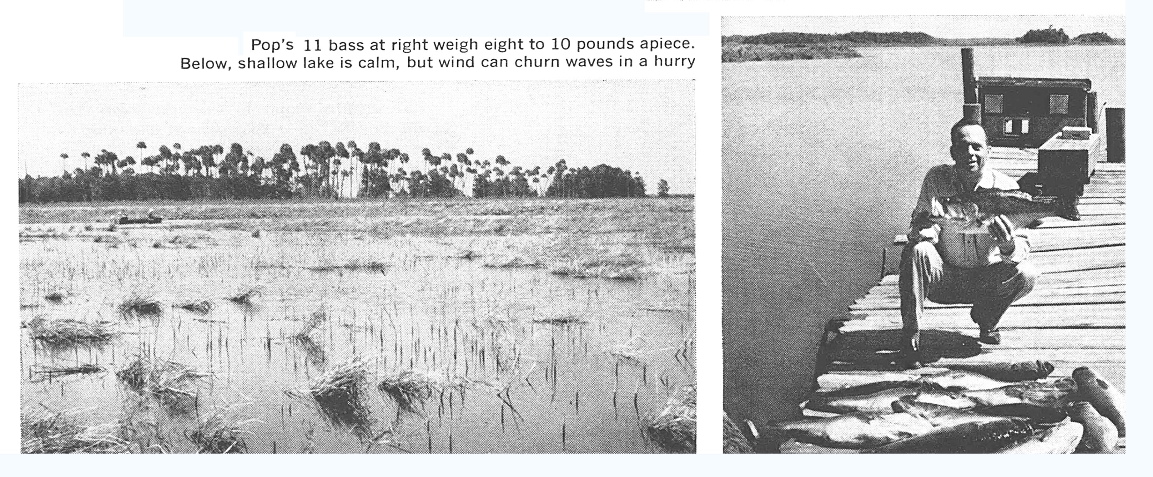 Old black and white photos of bass fishing.