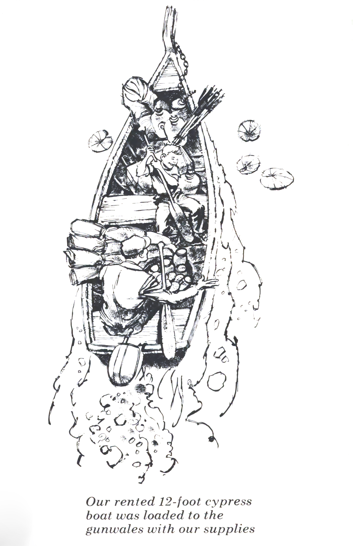 An overhead line illustration of a dad and his son fishing