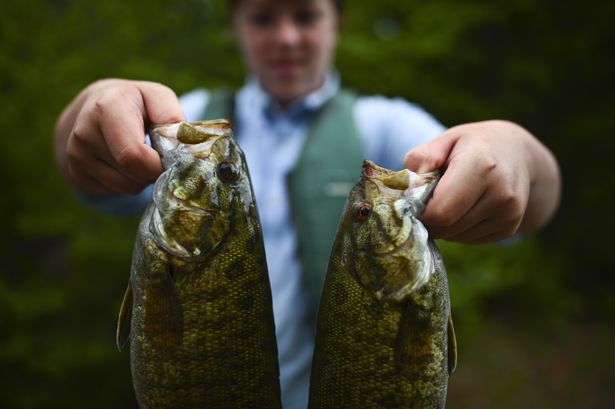 BWCA, MN - JUNE 11: Aidan Jones, 14, held up his afternoon catches, two smallmouth bass which were fried up for dinner. Tony Jones, his 14-year old son Aidan, their friend Brad Shannon and Outdoors editor Bob Timmons embarked onto the Voyageurs Highway on Tuesday, June 11, 2019. Their path Tuesday took them from Gunflint Lake, to North Lake, through the Height of Land Portage eventually ending at a camp site on South Lake in the BWCA (Boundary Waters Canoe Area). (Photo by Aaron Lavinsky/Star Tribune via Getty Images)