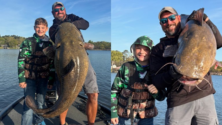 Side by side photos of a kid with giant catfish