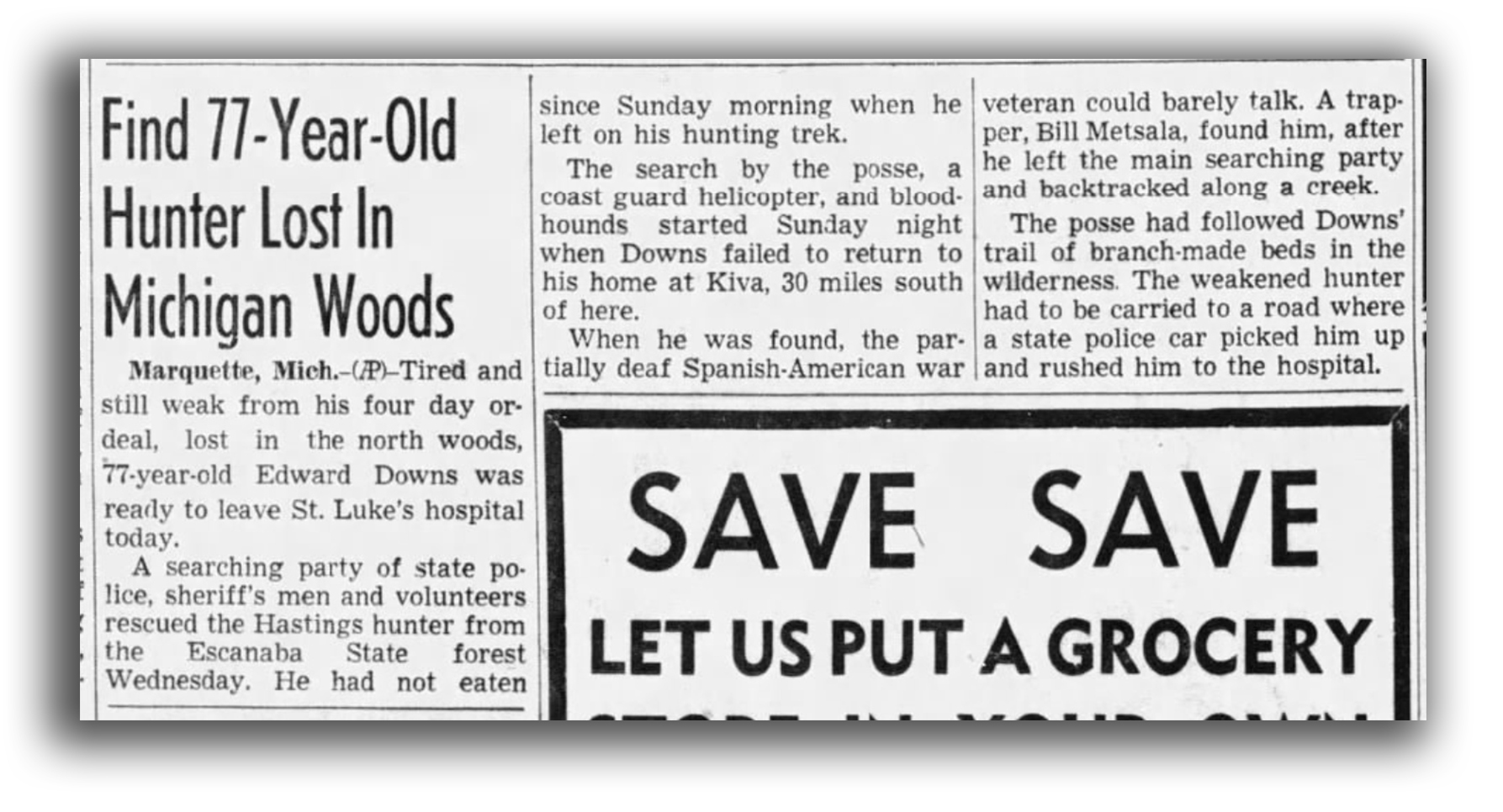 A newspaper clipping about a found grouse hunter.