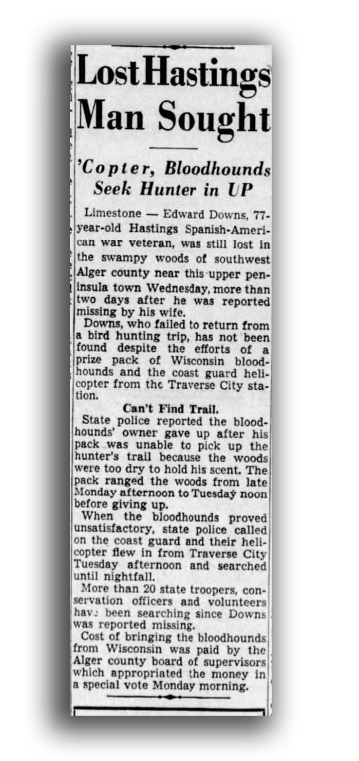 A clipping of a grand rapids press article about a missing grouse hunter.