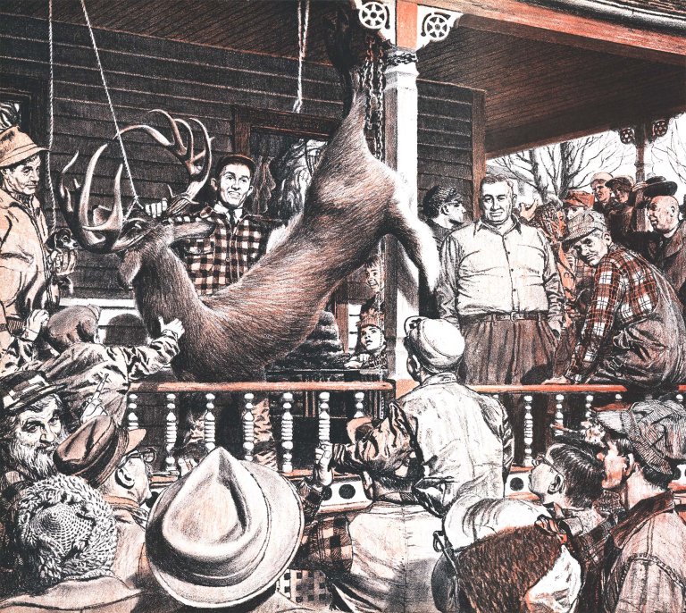 An illustration of people on a porch admiring the Cuyler Hill NY buck.