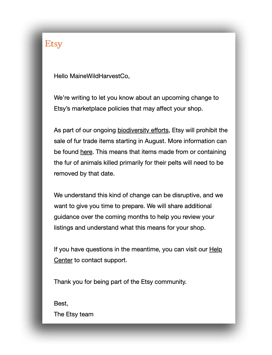 Etsy fur ban email