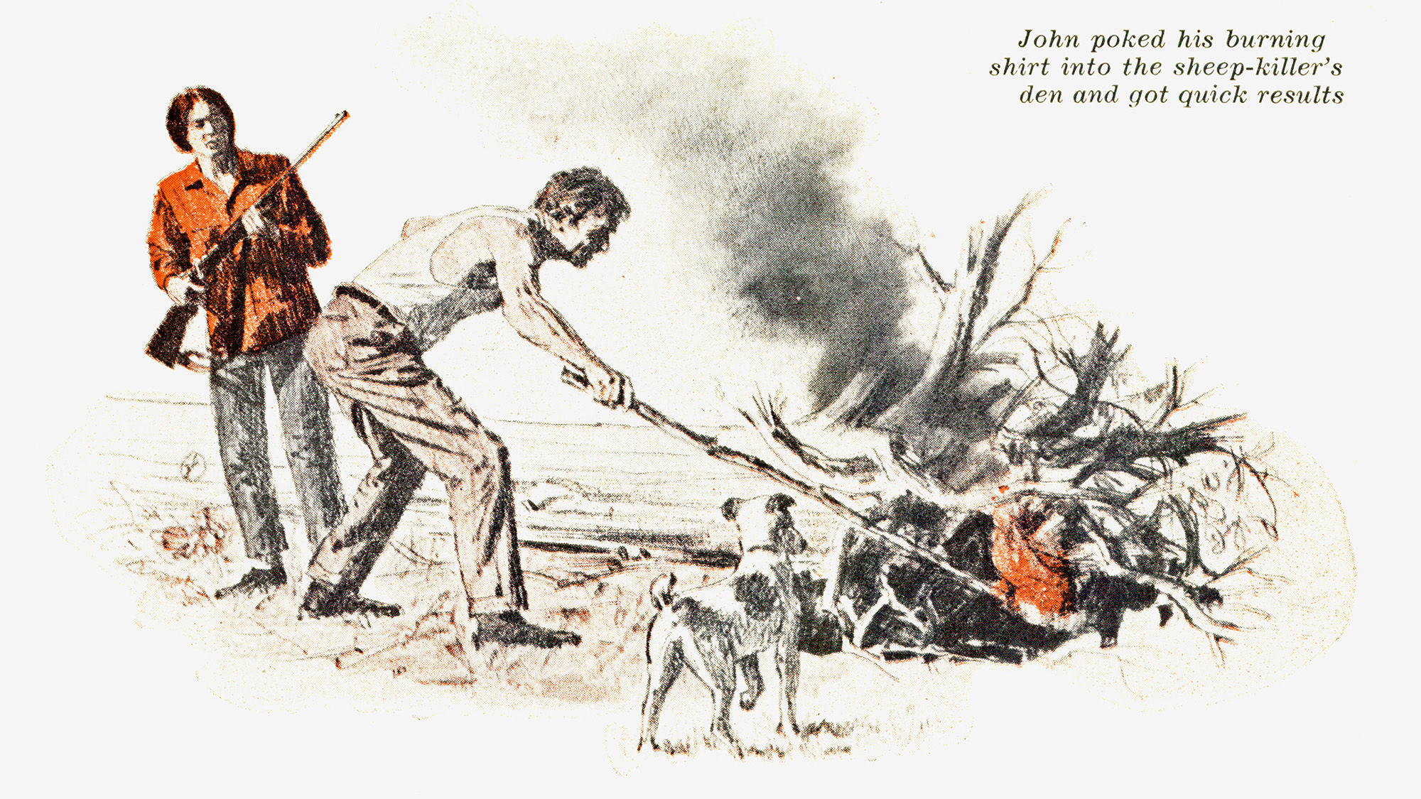 An illustration of a man stoking a fire.