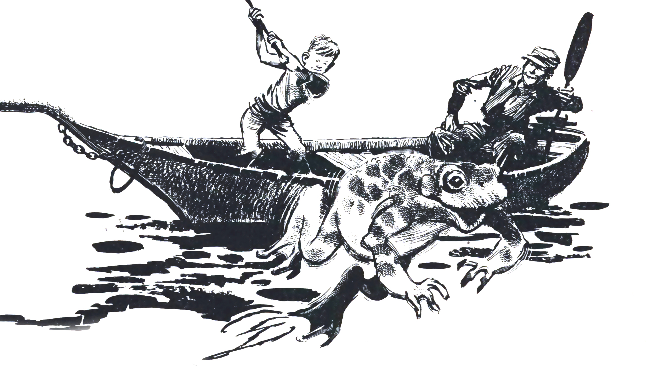 A line illustration of a dad and his son in a boat chasing frogs.