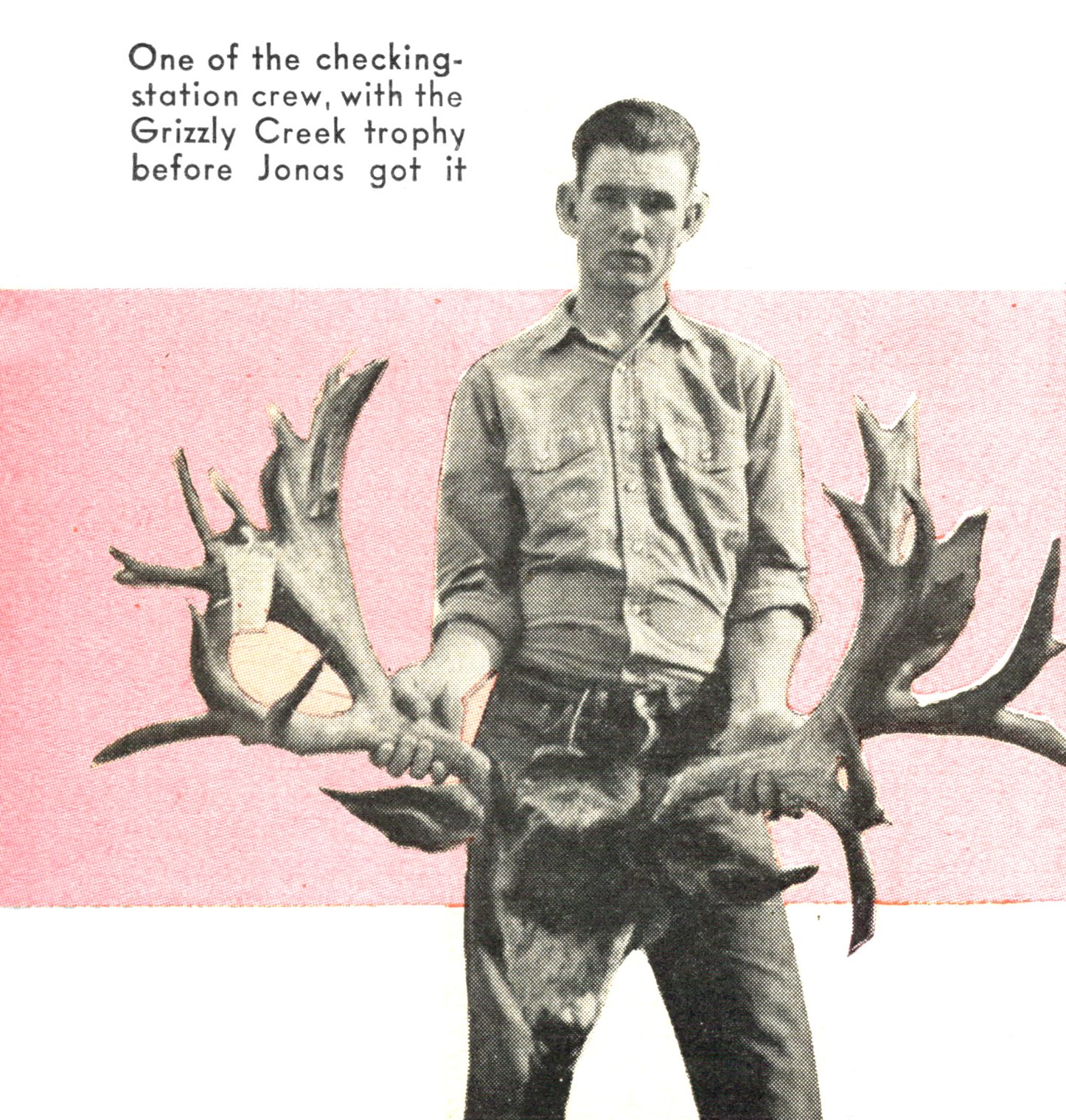 A man in an old photo holds a giant mule deer head.