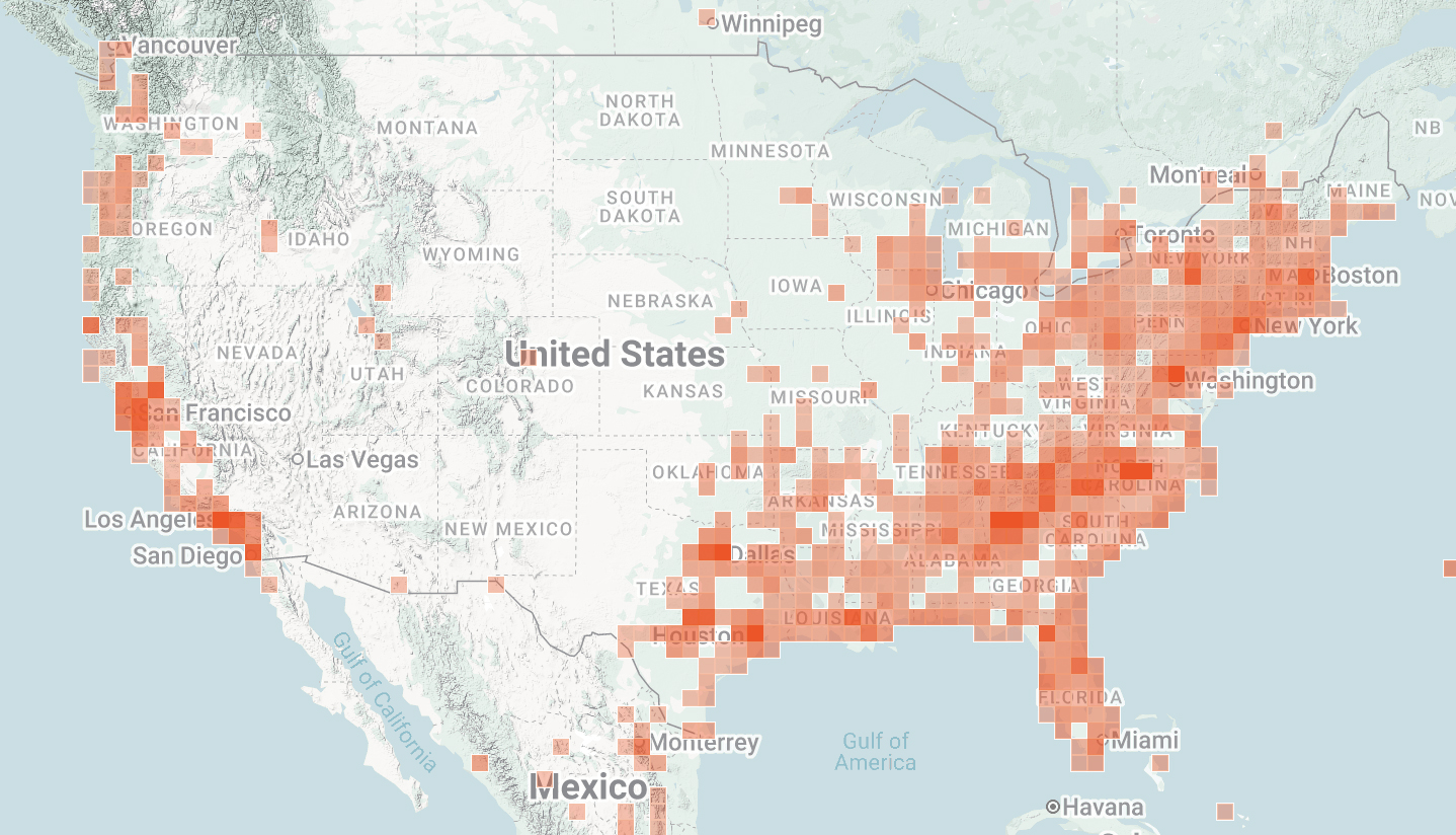A map of hammerhead flatworm sightings in the US