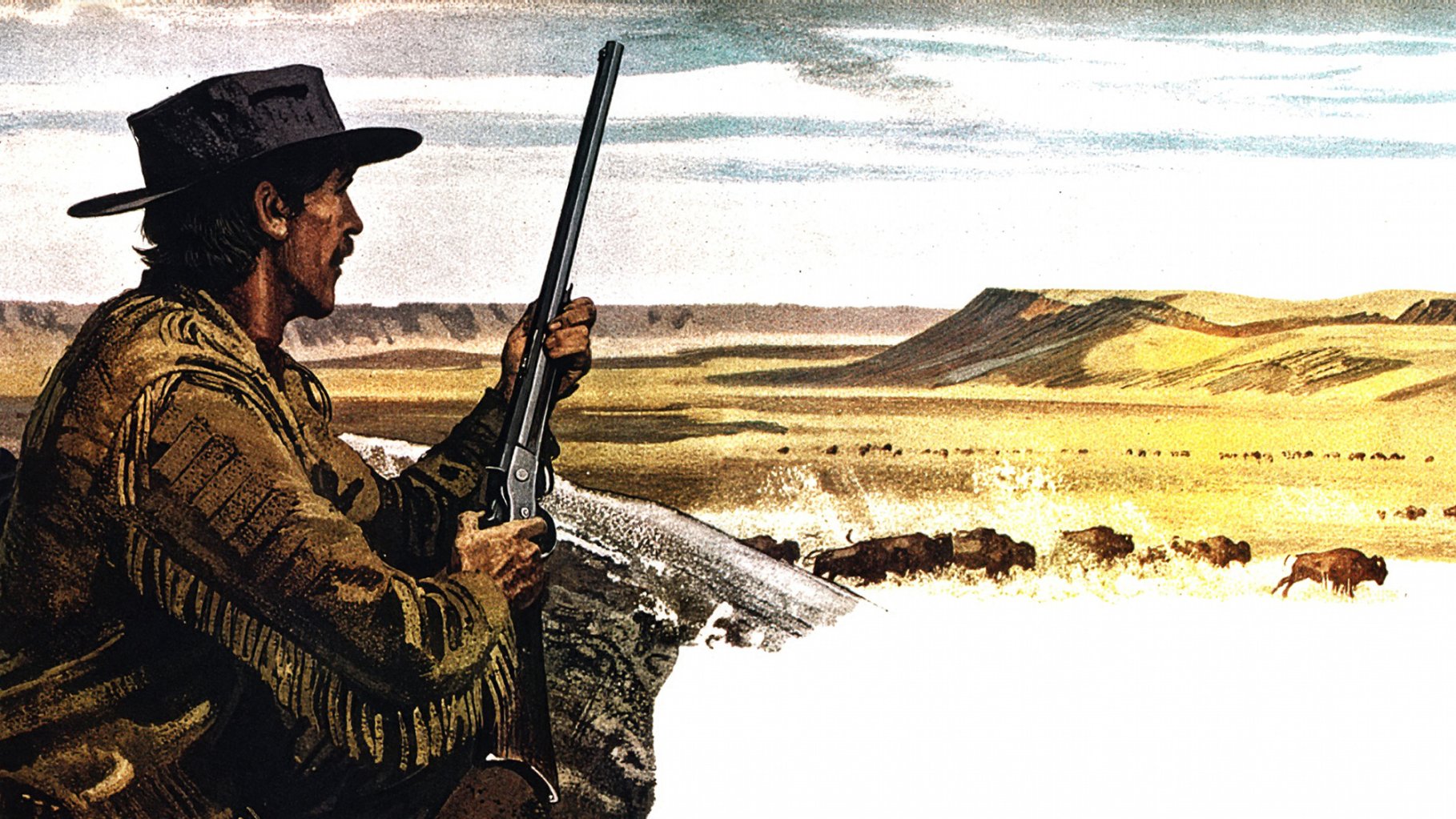 An illustration of a hunter in fringe with a rifle looking out over a herd of buffalo on the yellow plains.