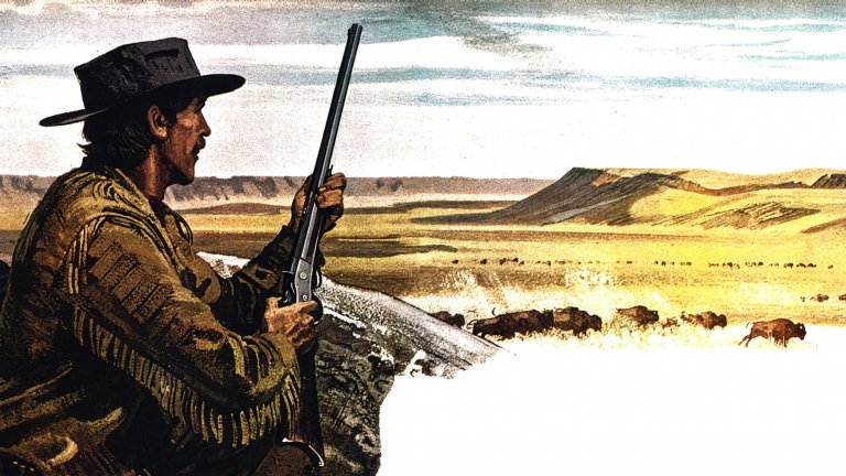 An illustration of a hunter in fringe with a rifle looking out over a herd of buffalo on the yellow plains.