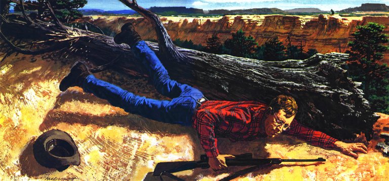 An illustration of a man taking cover behind a log