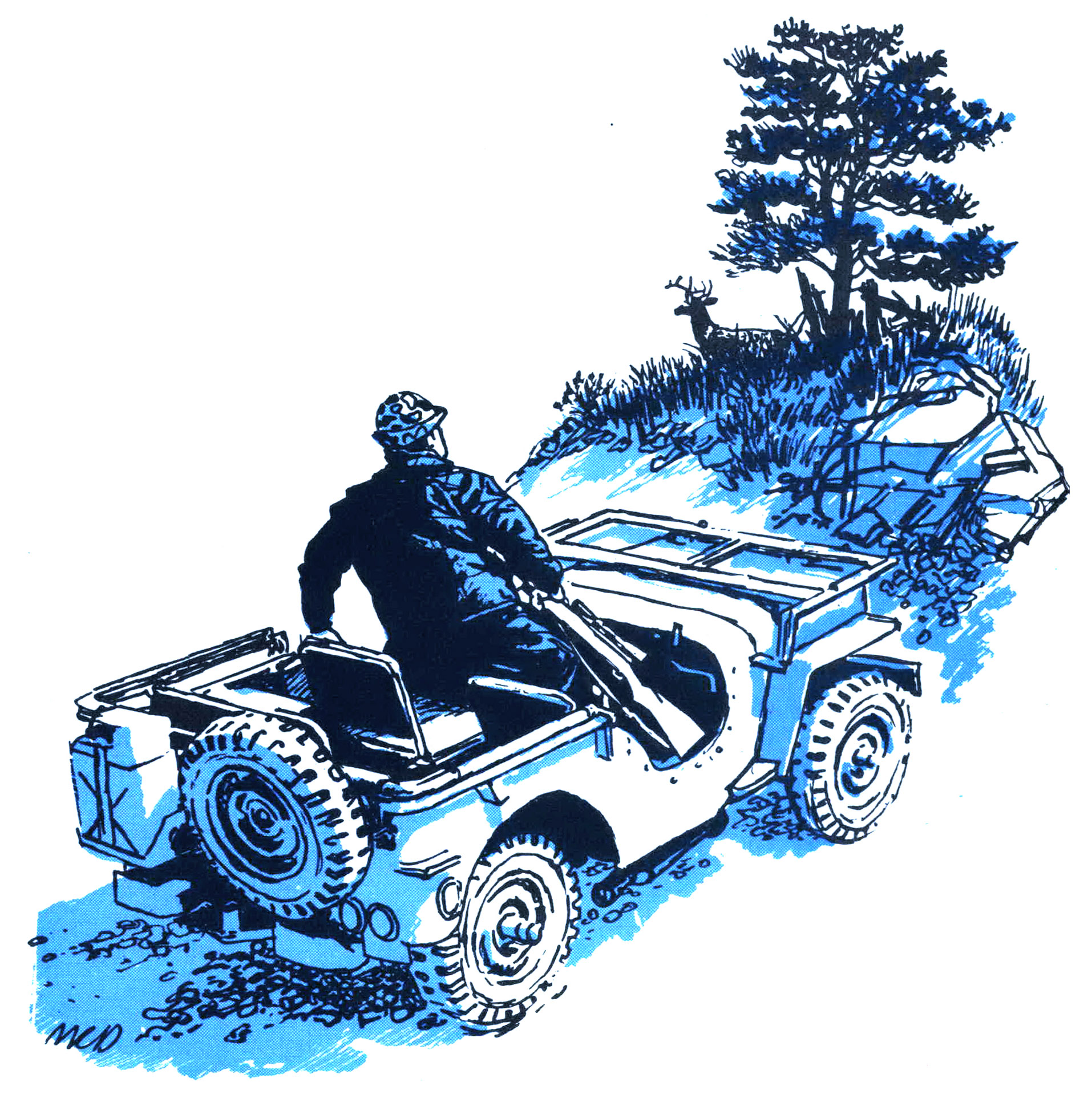 An illustration of a hunter jumping out of a jeep for a deer.