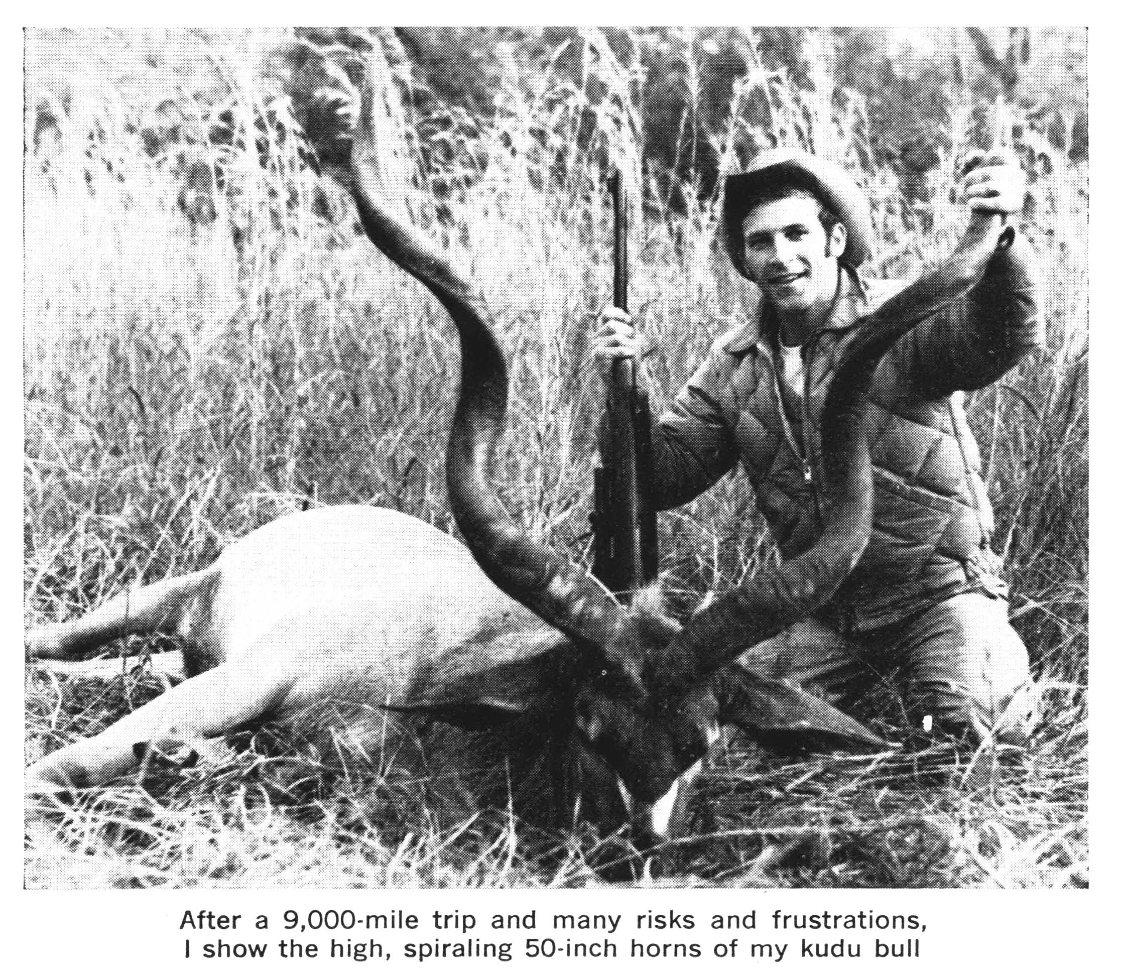 A black and white photo of an idaho hunter who traveled to hunt Kudu