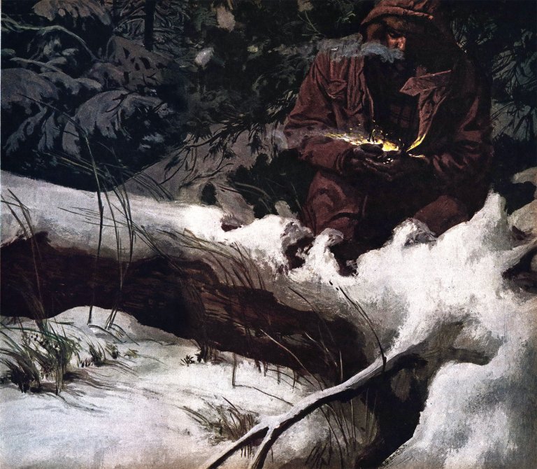 A painting of a main in the snow with a handful of flames