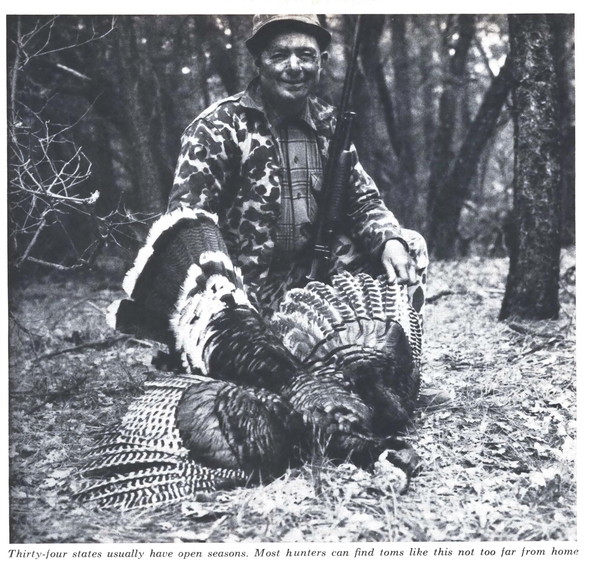 A black and white photo of an old school turkey hunter