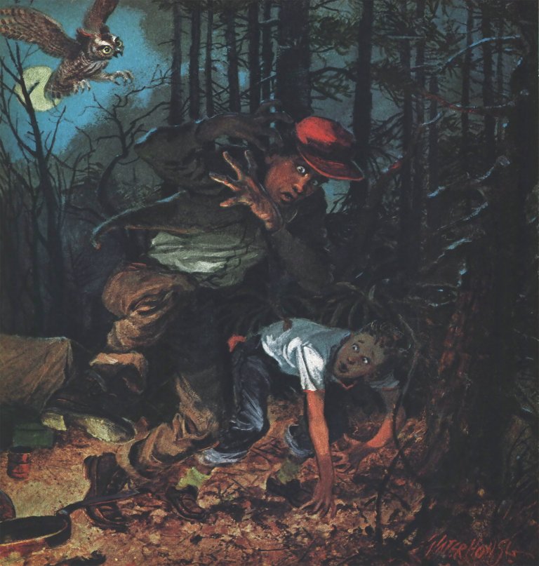 An illustration of an owl swooping at a grown man and his son