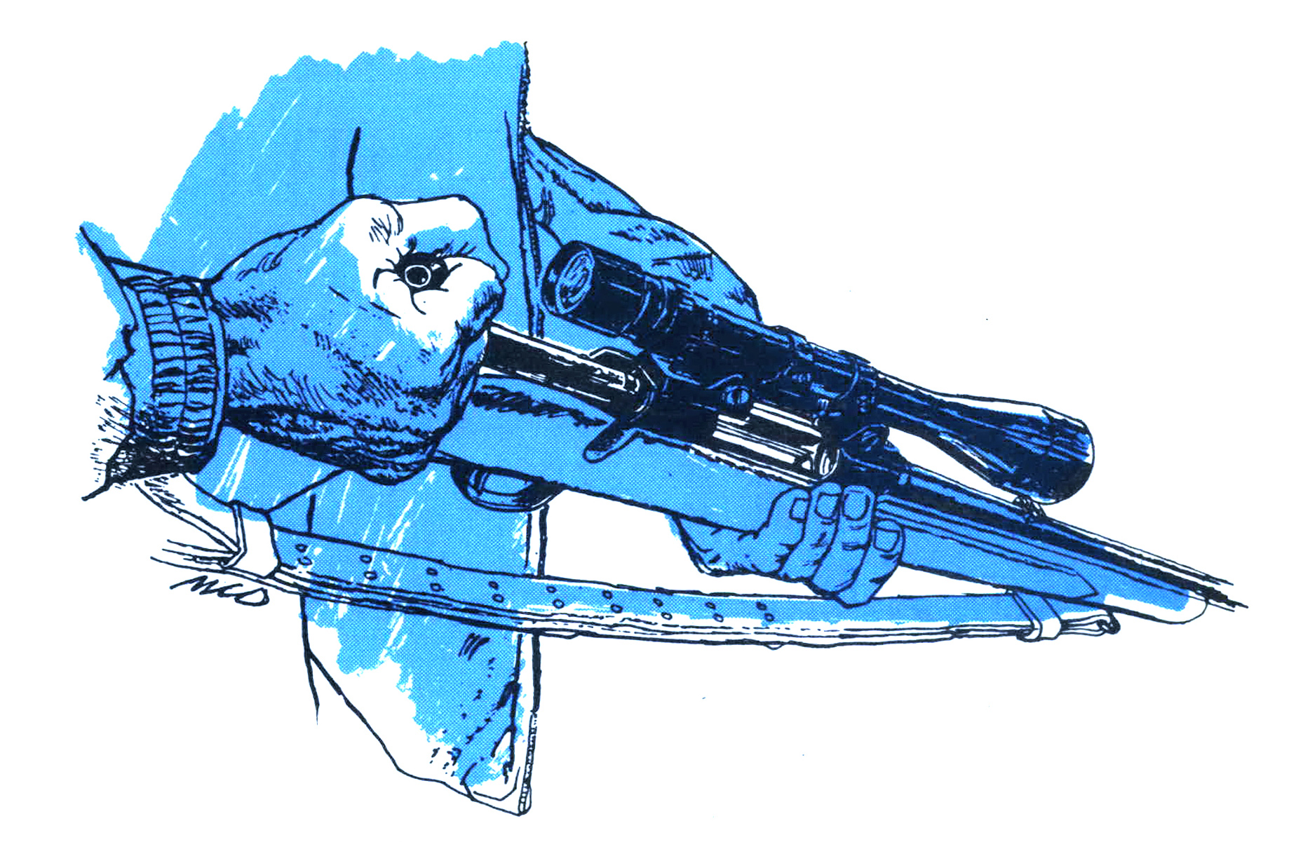 An illustration of a hunter checking a rifle.