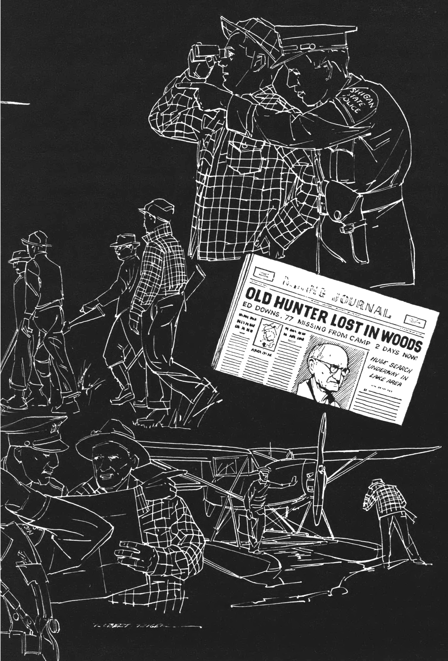 A white line illustration of searchers looking for Edward Downs.