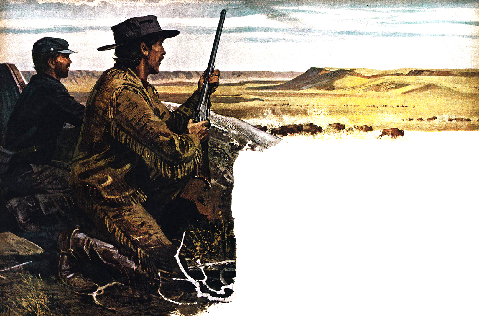 An illustration of a buffalo hunter looking out over the prairie
