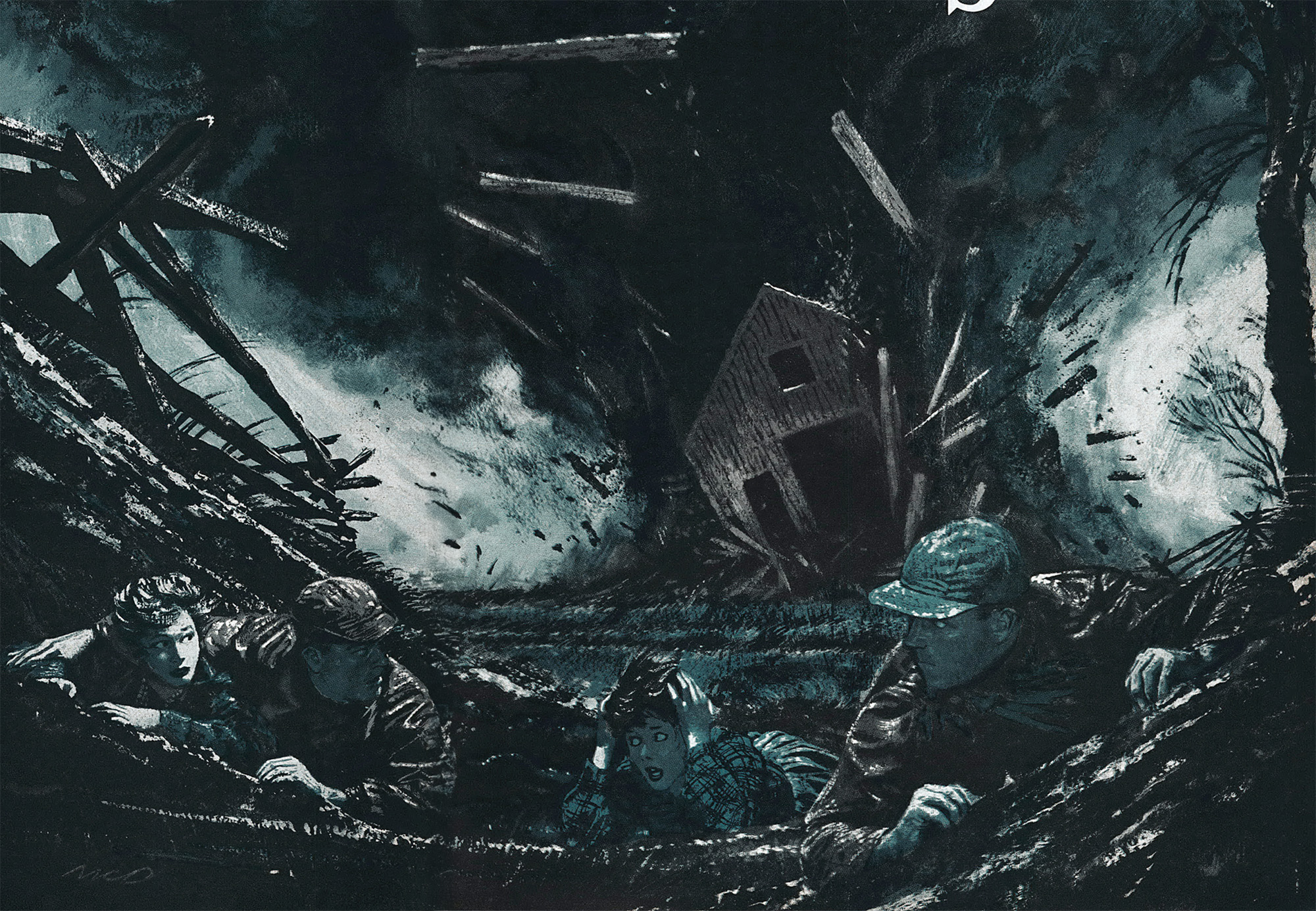 A blue tornado sweeping away a barn in an illustration.