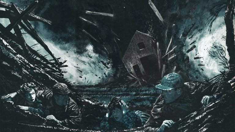 A blue illustration of a tornado sweeping away a barn