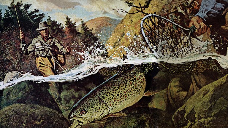 an illustration of a man fishing and a trout