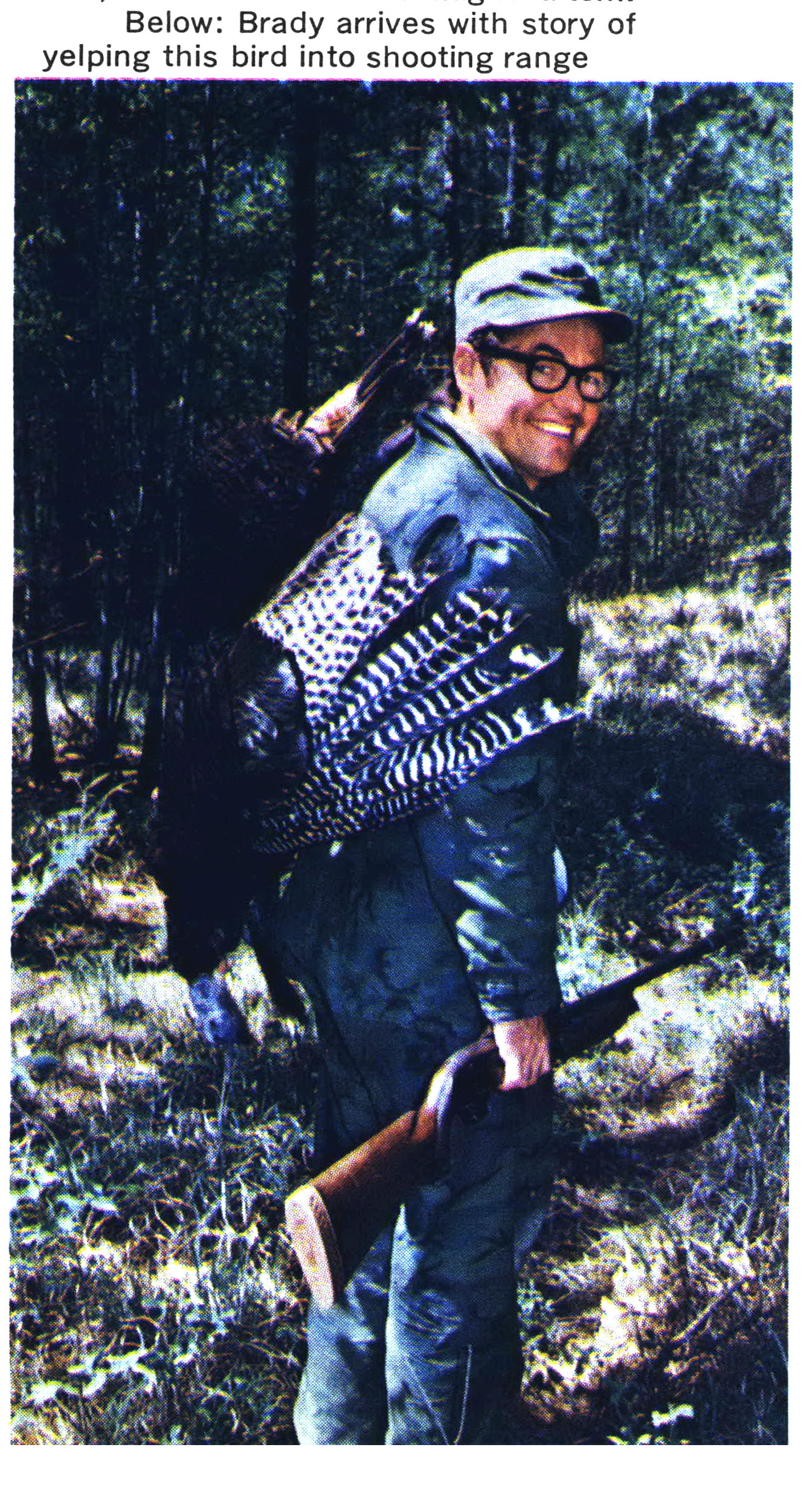 An old photograph of a hunter with a turkey on his shoulder