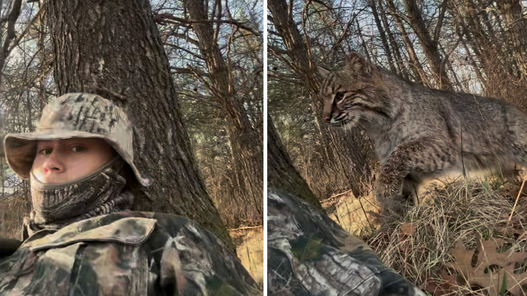 A selfie of a turkey hunter calling in a bobcat.