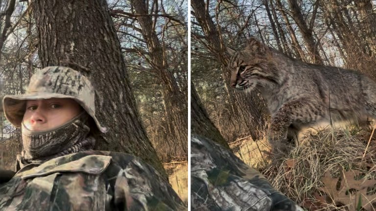 A selfie of a turkey hunter calling in a bobcat.
