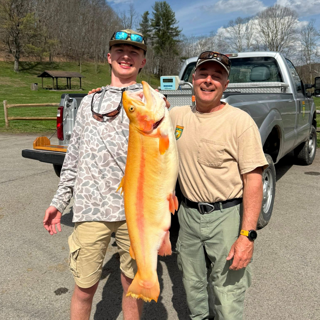 An angler and a fisheries biologist with a huge golden rainbow trout.