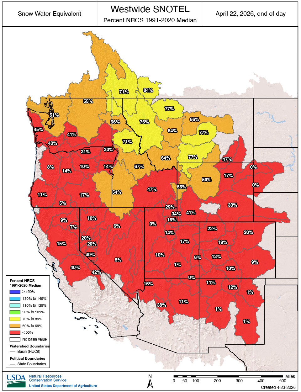 A map showing snow water equivalent in the West.
