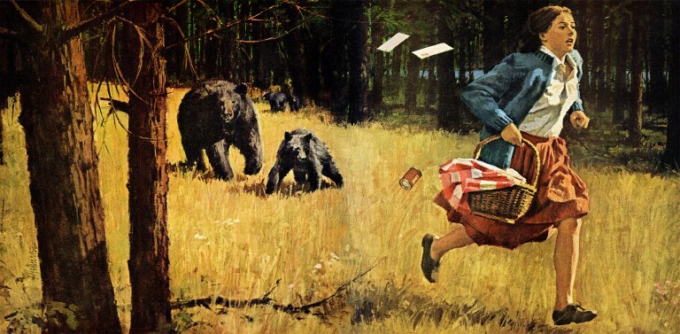 A woman runs from a family of black bears in an illustration